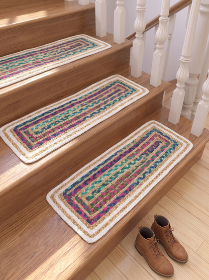 Hand Braided Jute Stair Treads, Multicolor Chindi Border, Boho Staircase Step Mats