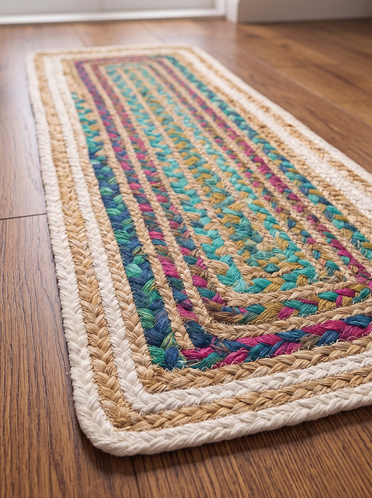 Hand Braided Jute Stair Treads, Multicolor Chindi Border, Boho Staircase Step Mats