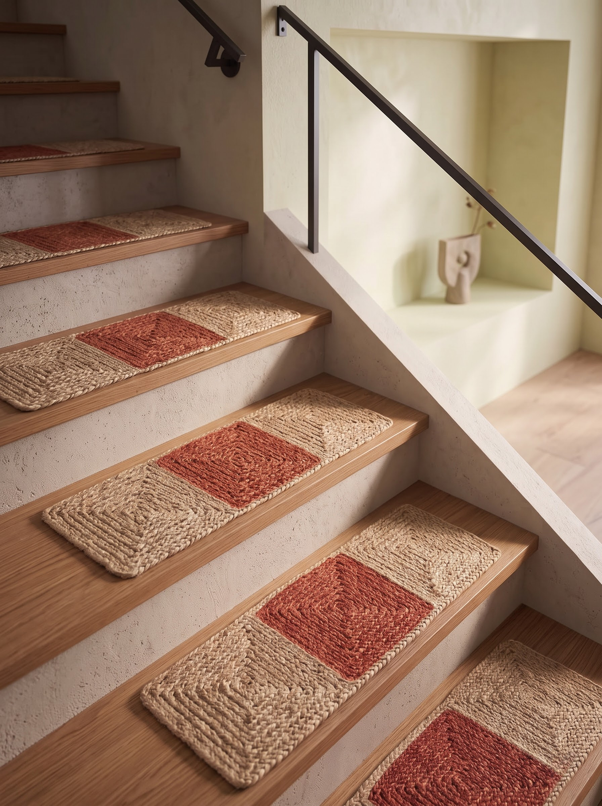 Handmade Braided Stair Treads, Brick Red Geometric Center, Farmhouse Step Mats