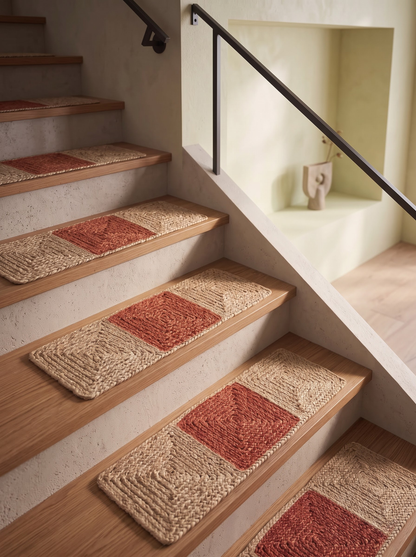 Handmade Braided Stair Treads, Brick Red Geometric Center, Farmhouse Step Mats