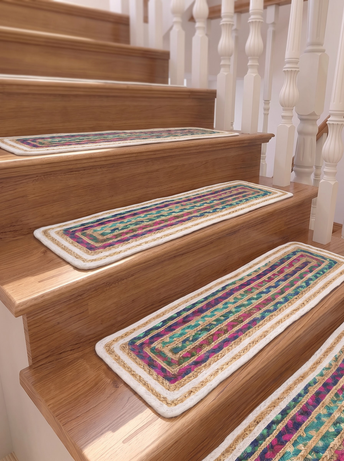 Hand Braided Jute Stair Treads, Multicolor Chindi Border, Boho Staircase Step Mats