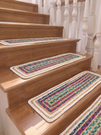 Hand Braided Jute Stair Treads, Multicolor Chindi Border, Boho Staircase Step Mats