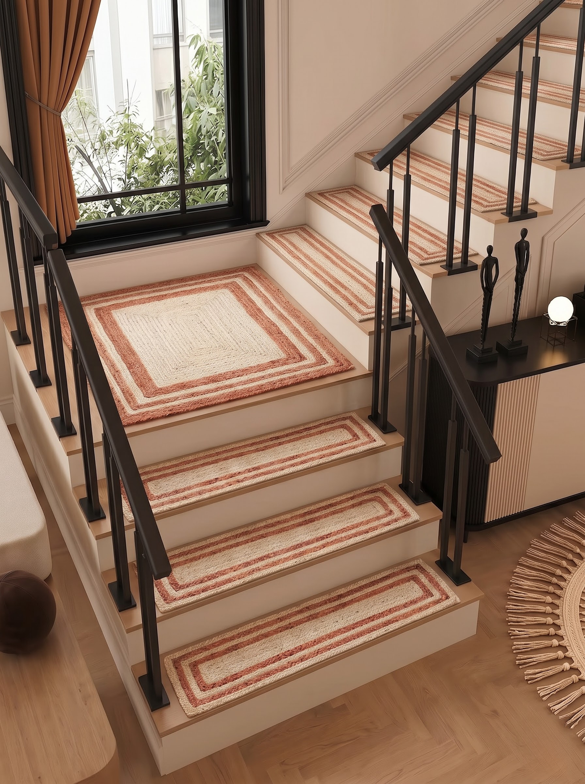Boho Terracotta Border Braided Jute & Cotton Rug Rustic Farmhouse Entryway & Accent Mat