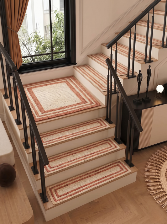 Boho Terracotta Border Braided Jute & Cotton Rug Rustic Farmhouse Entryway & Accent Mat