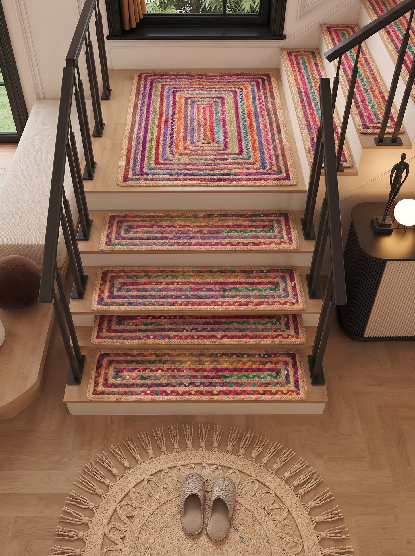 Multicolor Boho Jute Stair Treads | Hand Braided Runner, Recycled Cotton Hallway Rug
