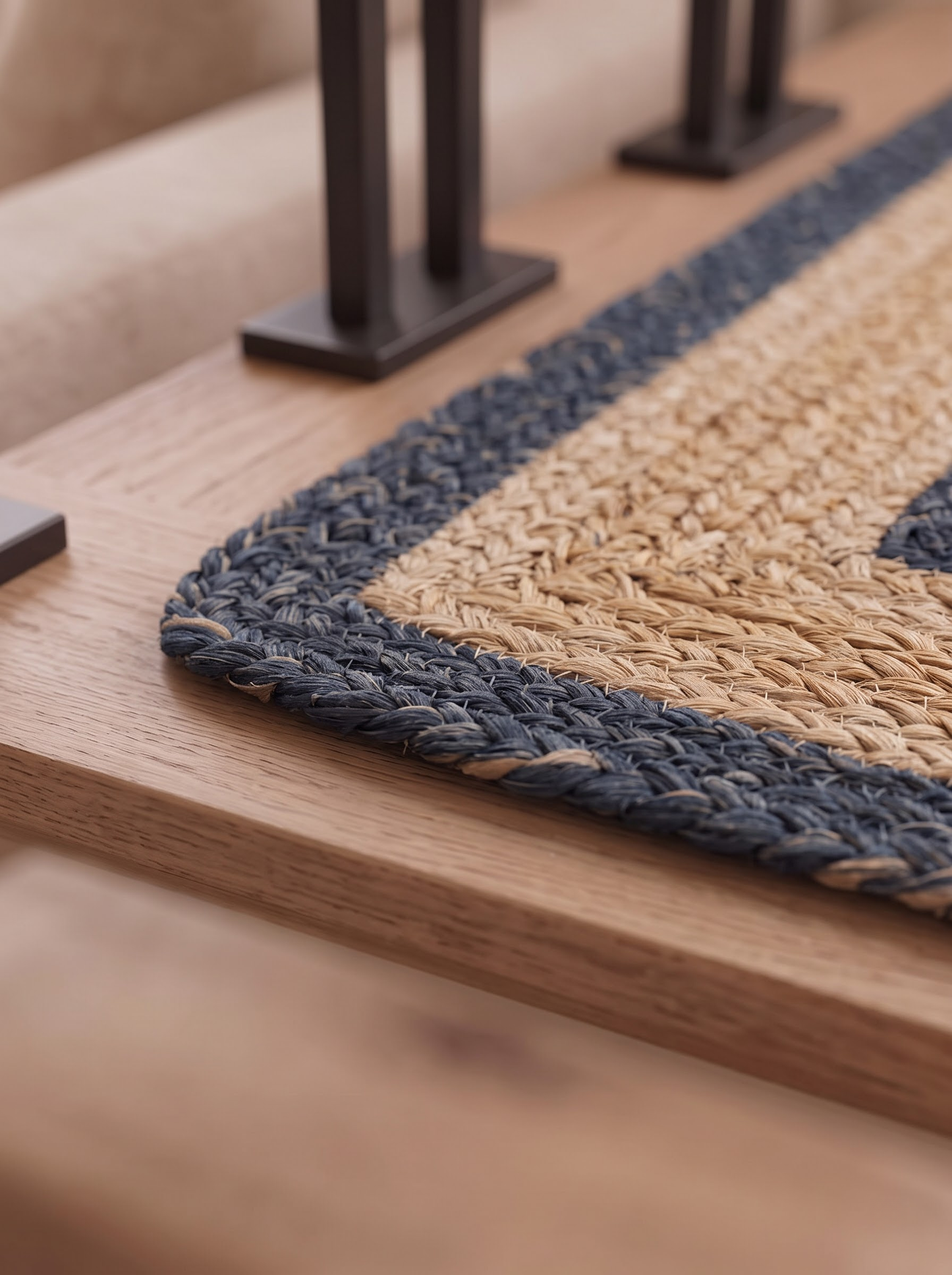 Hand Braided Jute Stair Treads, Navy Border Coastal Farmhouse Runner Mat