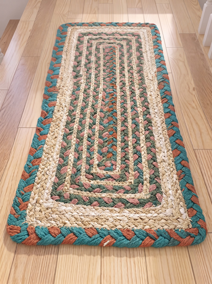 Hand Braided Jute Stair Treads, Teal Terracotta Boho Chevron Border Mats