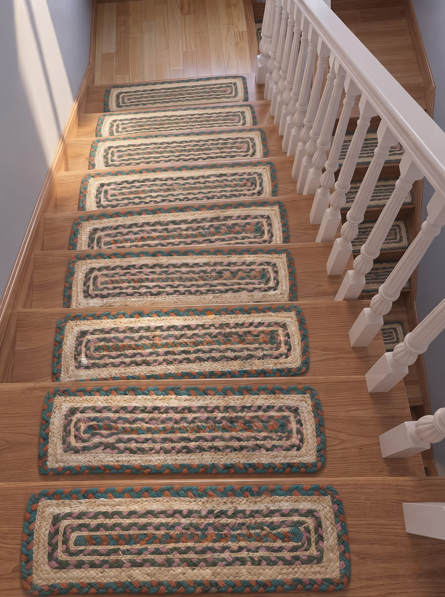 Hand Braided Jute Stair Treads, Teal Terracotta Boho Chevron Border Mats