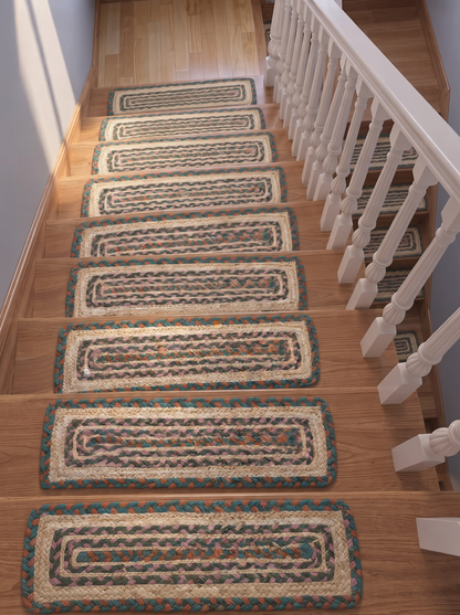 Hand Braided Jute Stair Treads, Teal Terracotta Boho Chevron Border Mats