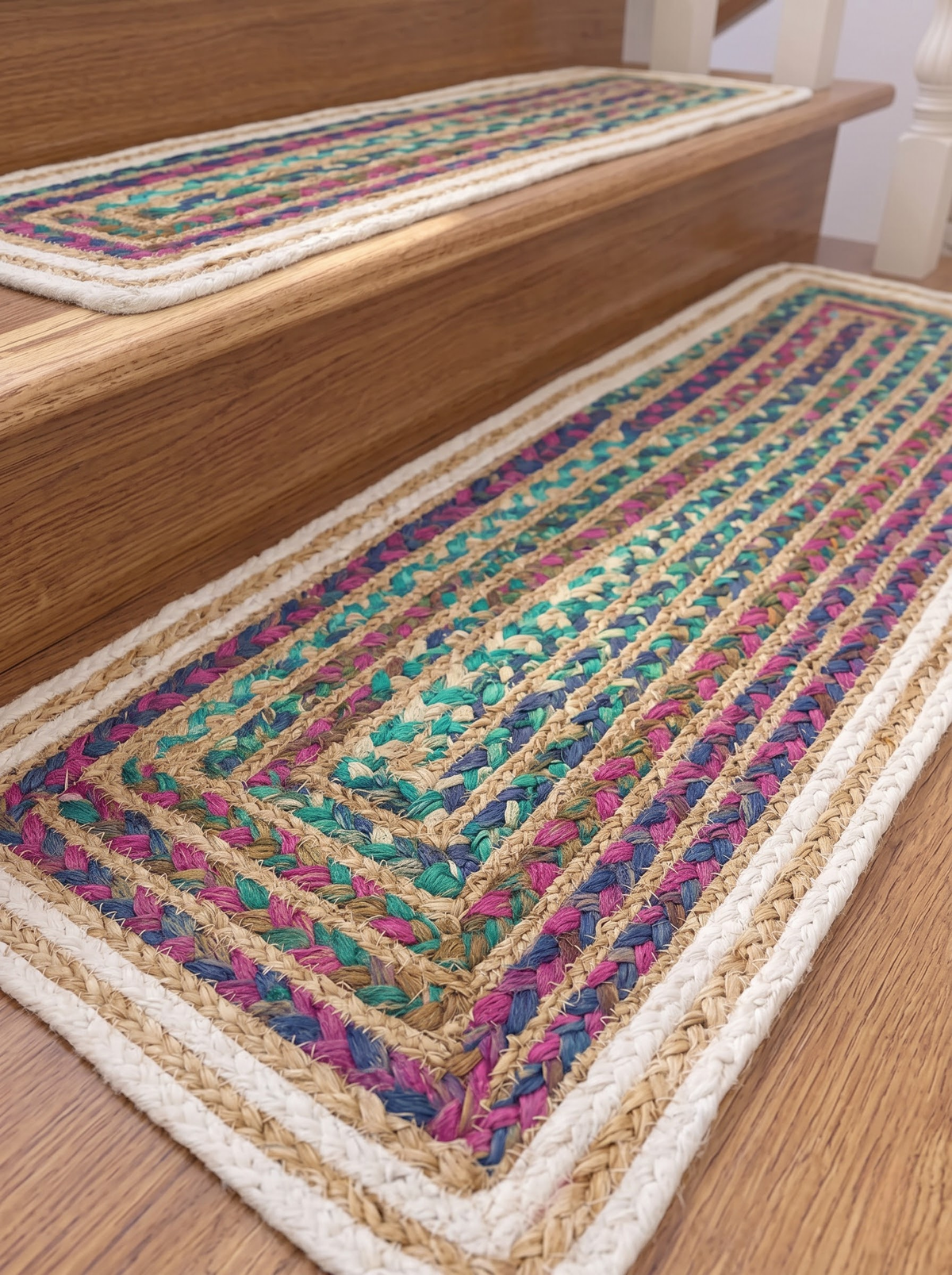 Hand Braided Jute Stair Treads, Multicolor Chindi Border, Boho Staircase Step Mats