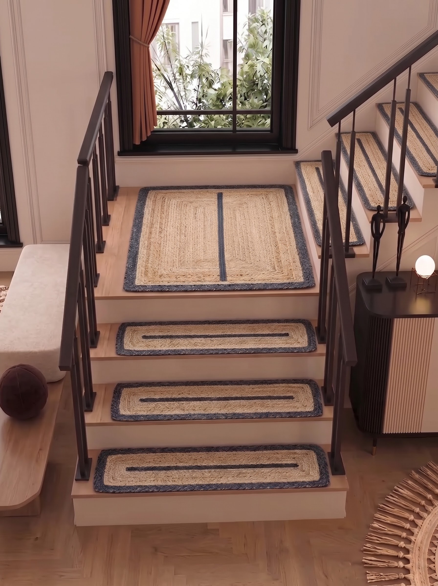 Hand Braided Jute Stair Treads, Navy Border Coastal Farmhouse Runner Mat