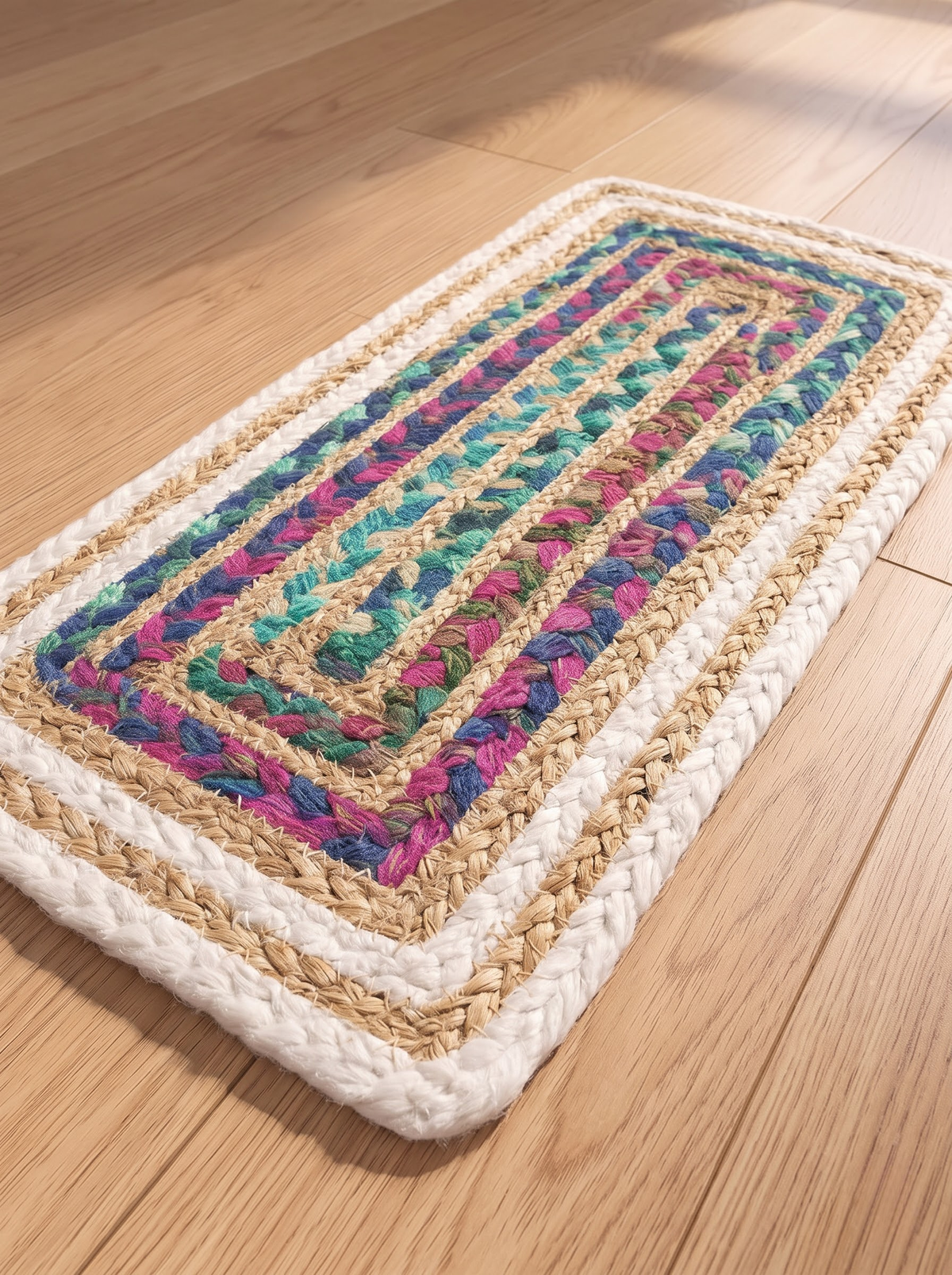Hand Braided Jute Stair Treads, Multicolor Chindi Border, Boho Staircase Step Mats