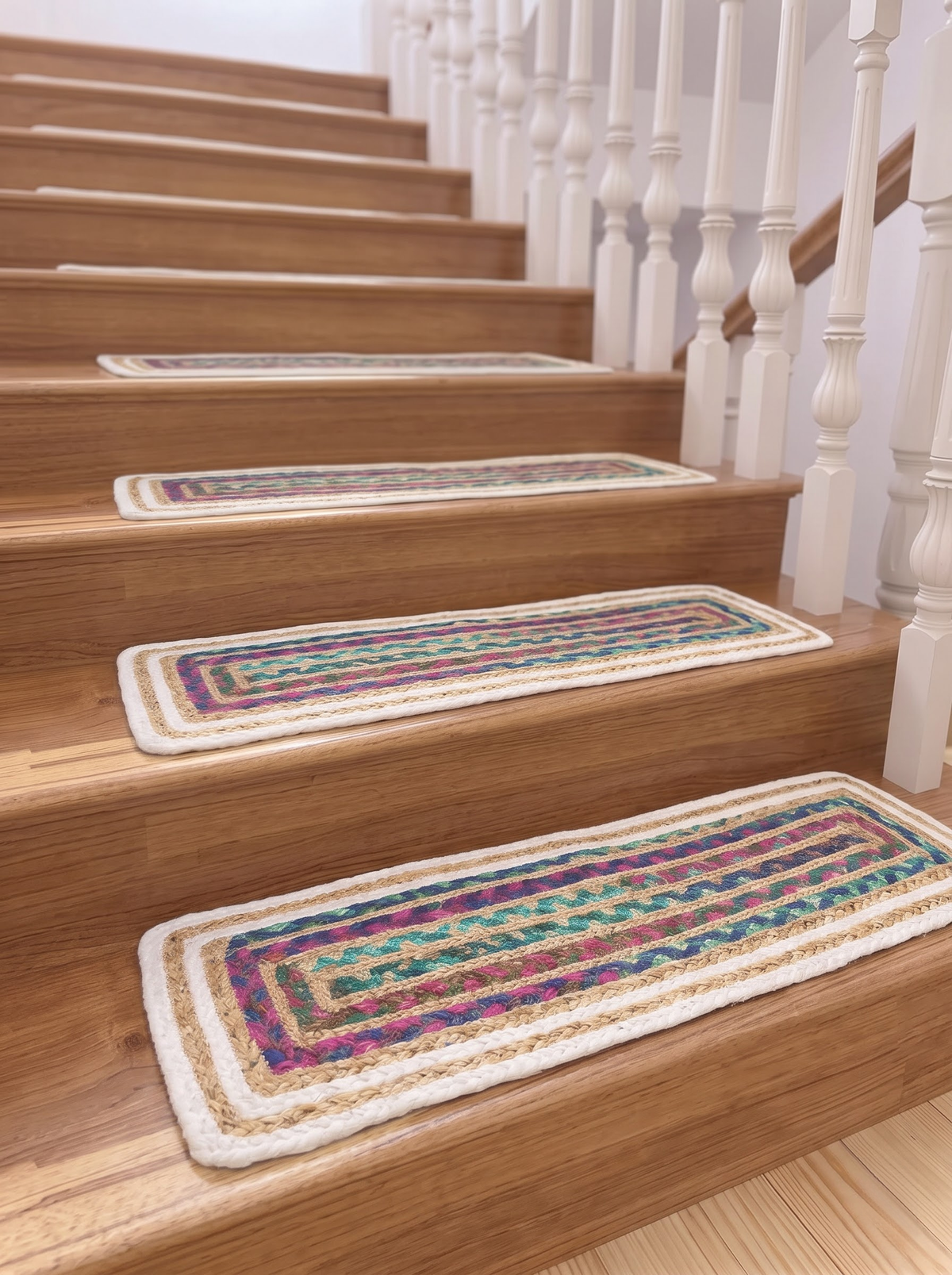 Hand Braided Jute Stair Treads, Multicolor Chindi Border, Boho Staircase Step Mats