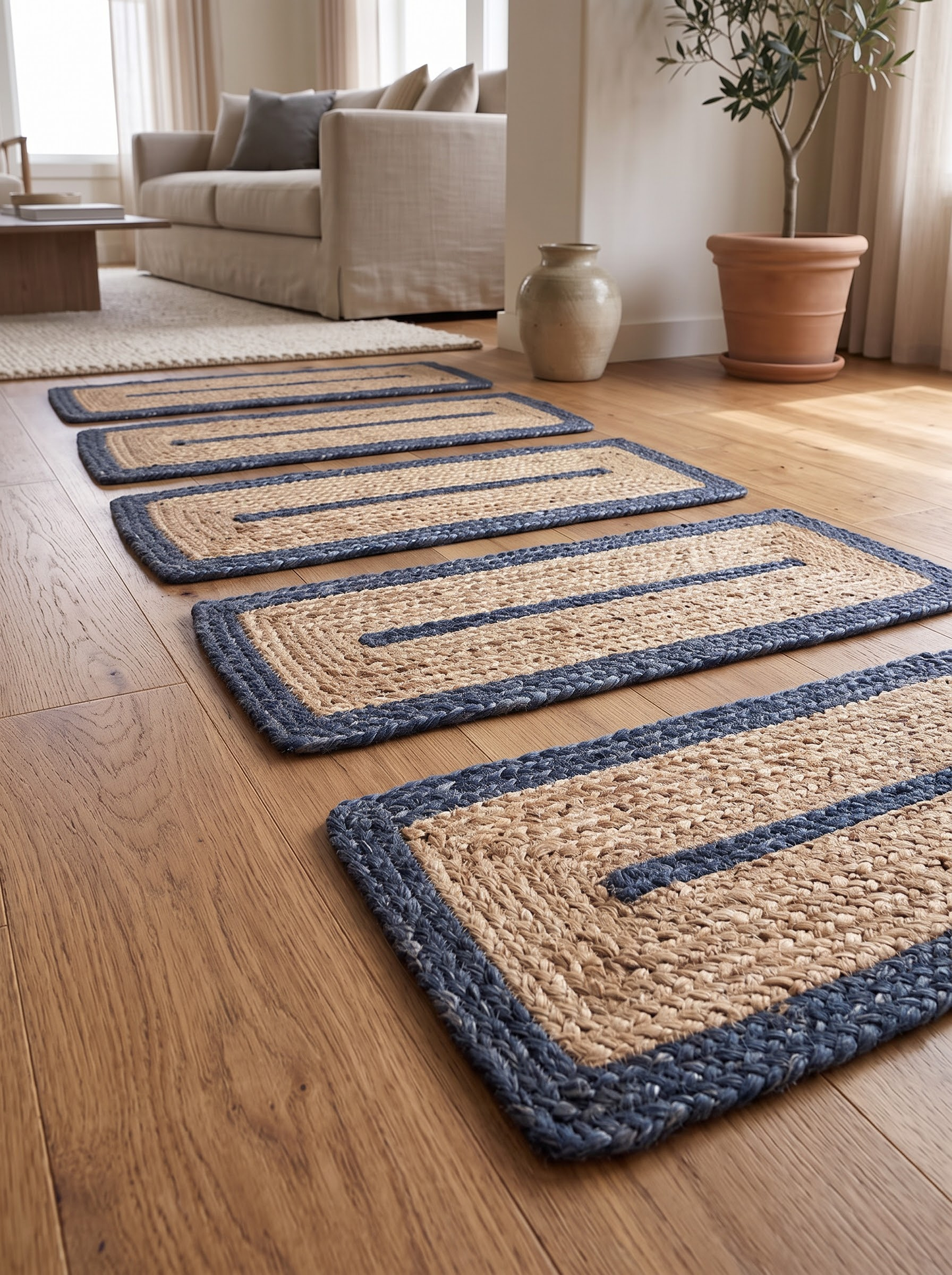 Hand Braided Jute Stair Treads, Navy Border Coastal Farmhouse Runner Mat