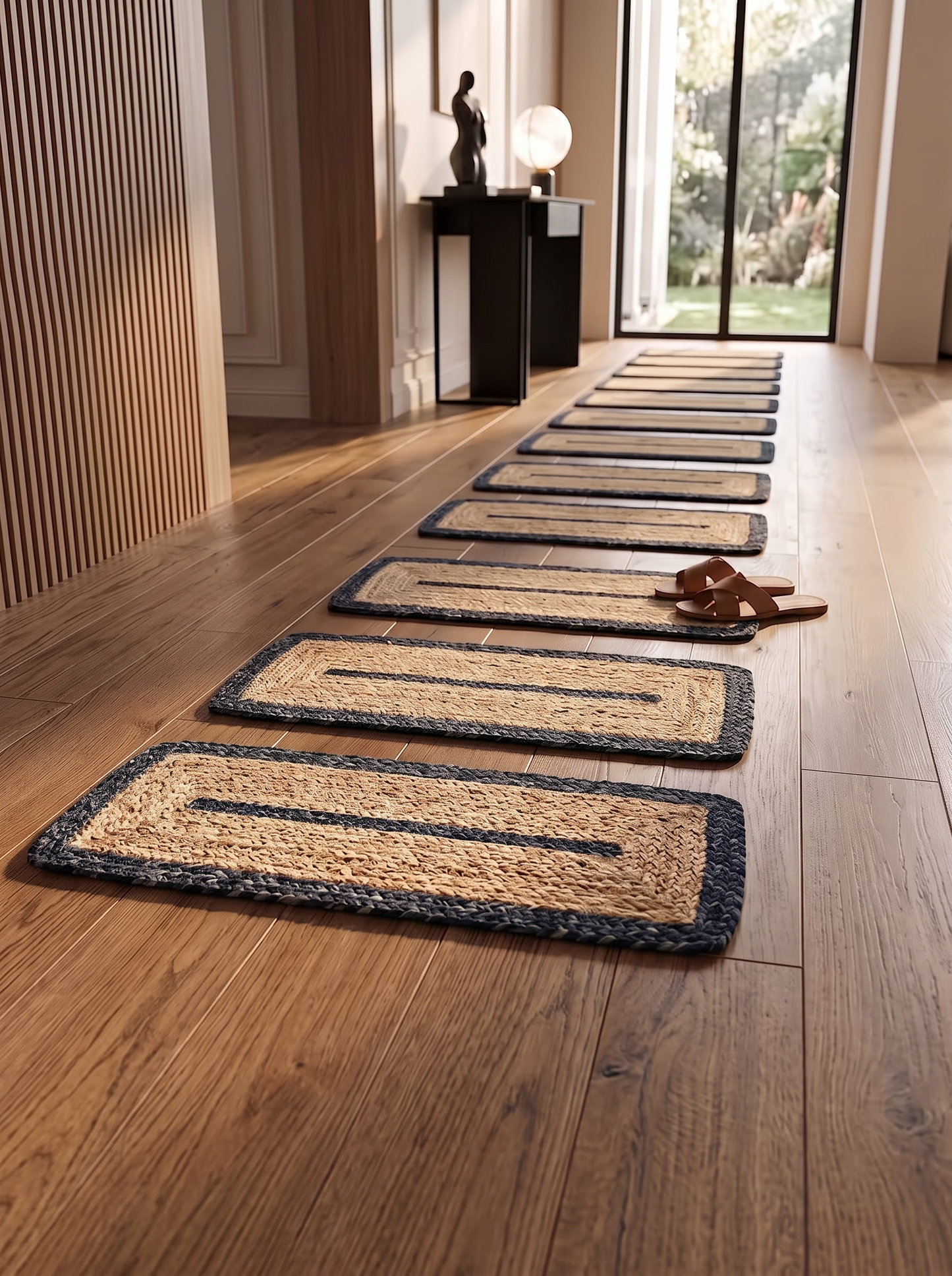 Hand Braided Jute Stair Treads, Navy Border Coastal Farmhouse Runner Mat