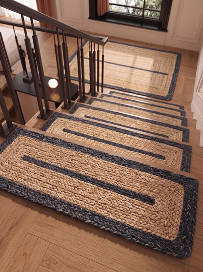 Hand Braided Jute Stair Treads, Navy Border Coastal Farmhouse Runner Mat