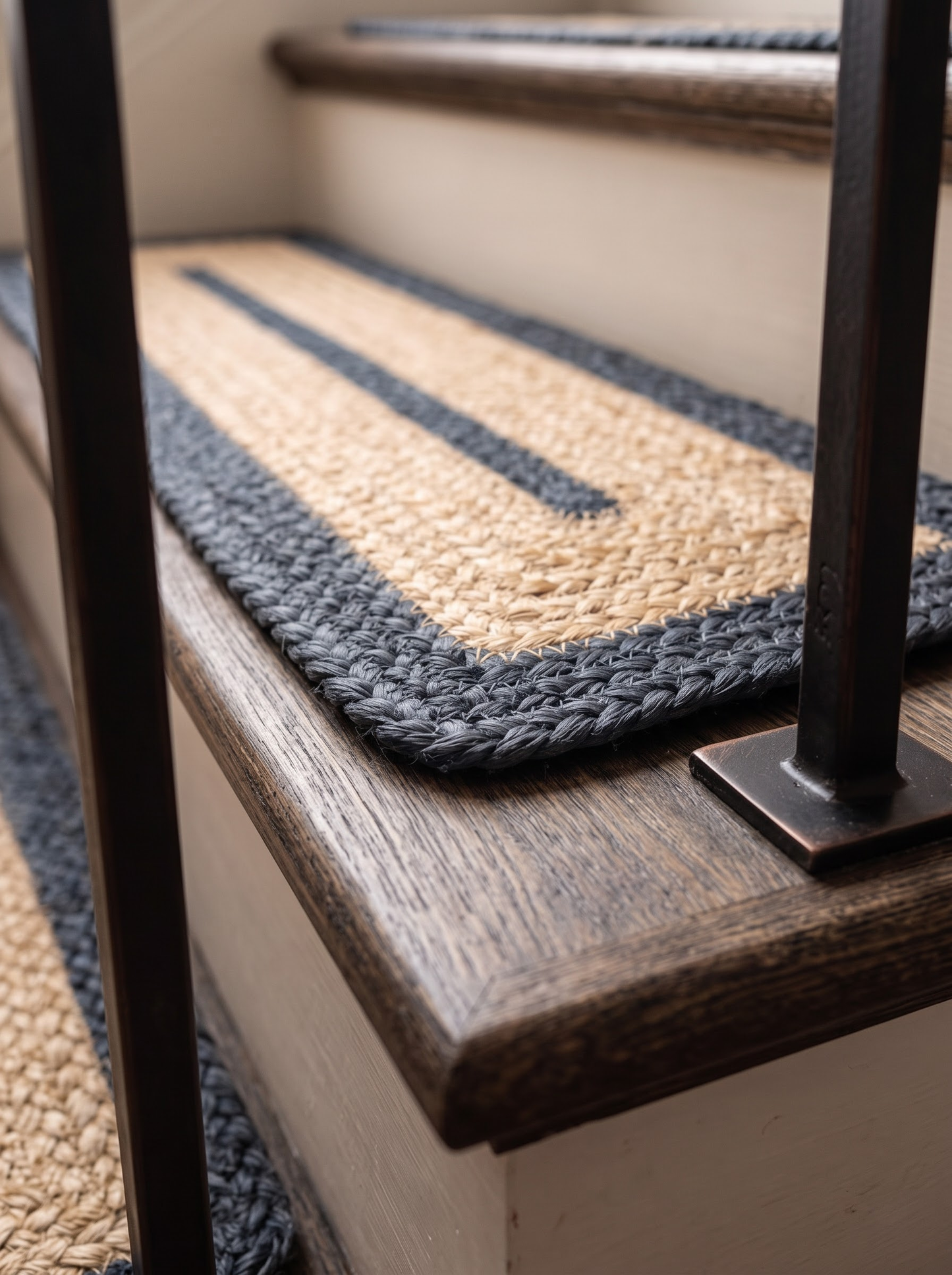 Hand Braided Jute Stair Treads, Navy Border Coastal Farmhouse Runner Mat