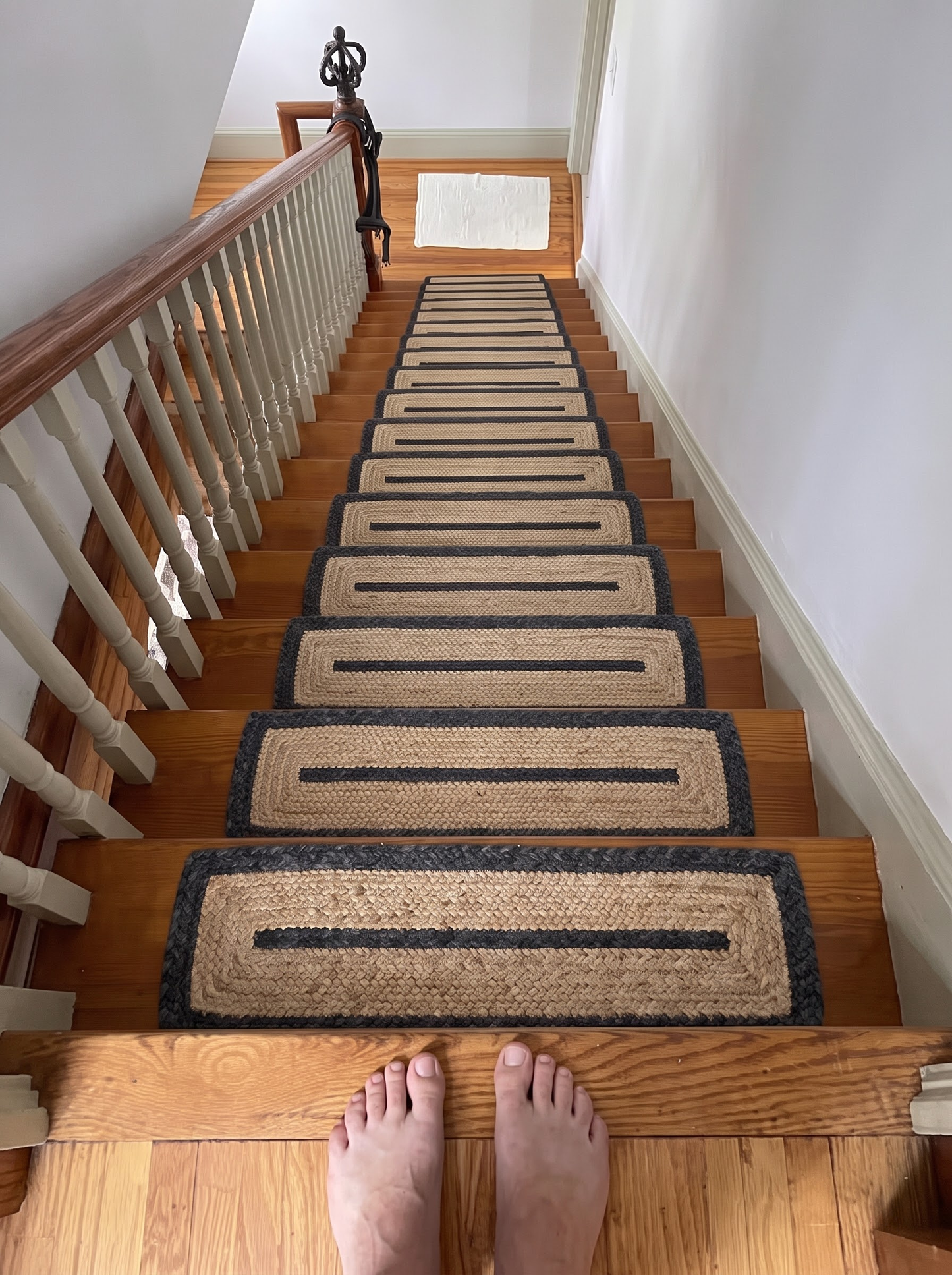 Hand Braided Jute Stair Treads, Navy Border Coastal Farmhouse Runner Mat