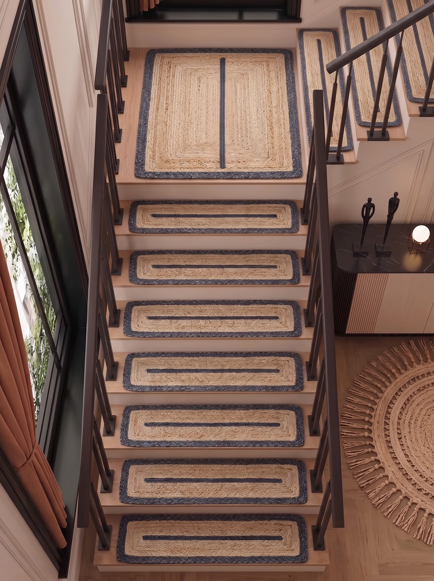 Hand Braided Jute Stair Treads, Navy Border Coastal Farmhouse Runner Mat