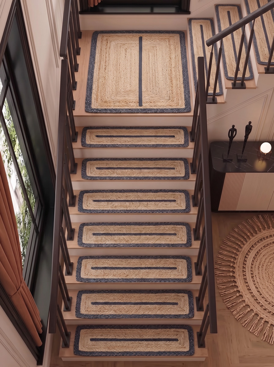 Hand Braided Jute Stair Treads, Navy Border Coastal Farmhouse Runner Mat