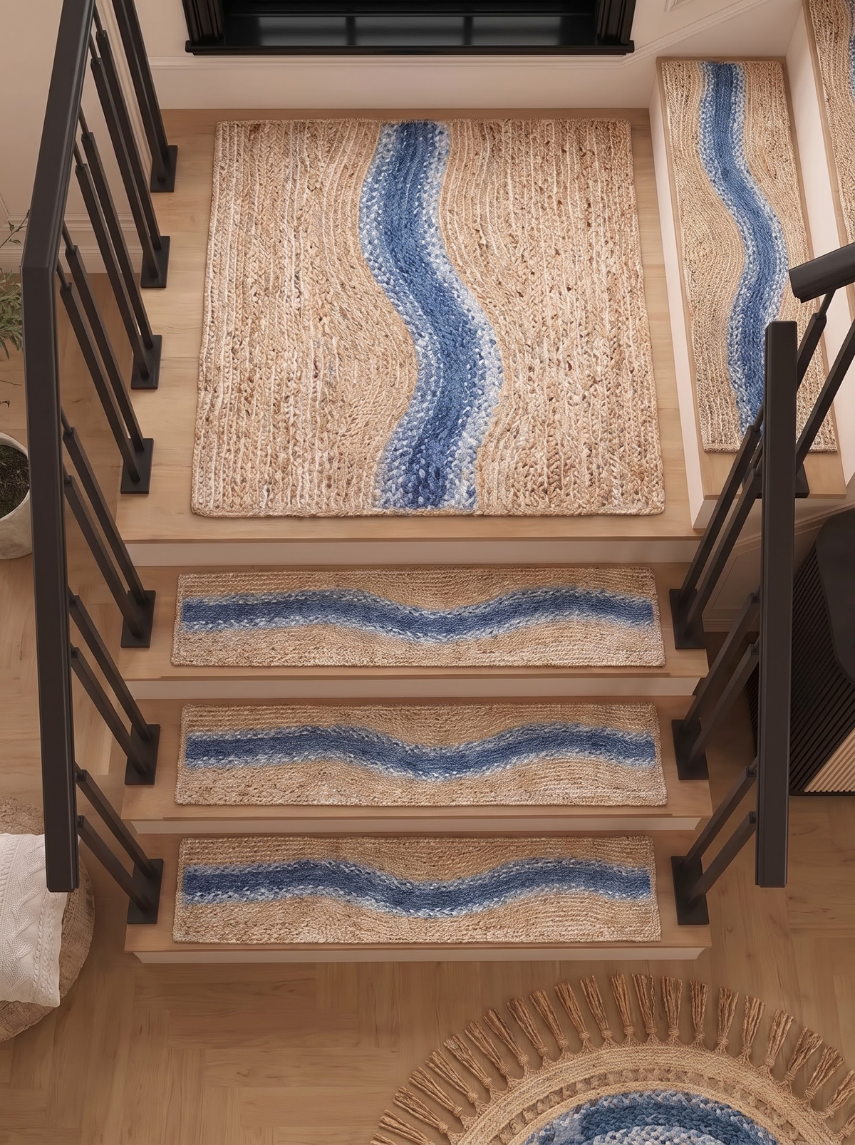 Handwoven Jute Cotton Stair Treads, Blue River Curve Design Step Mats