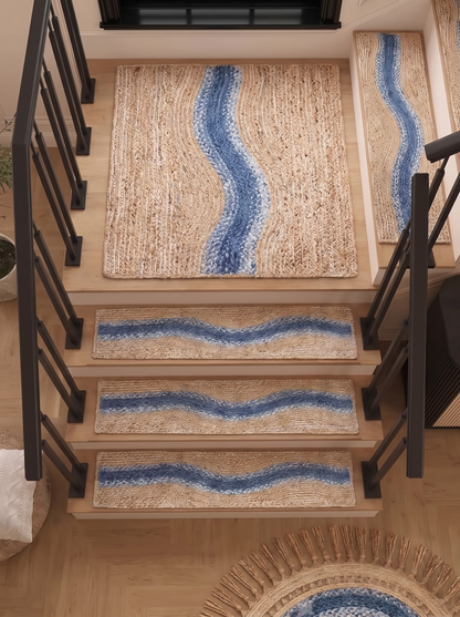 Handwoven Jute Cotton Stair Treads, Blue River Curve Design Step Mats