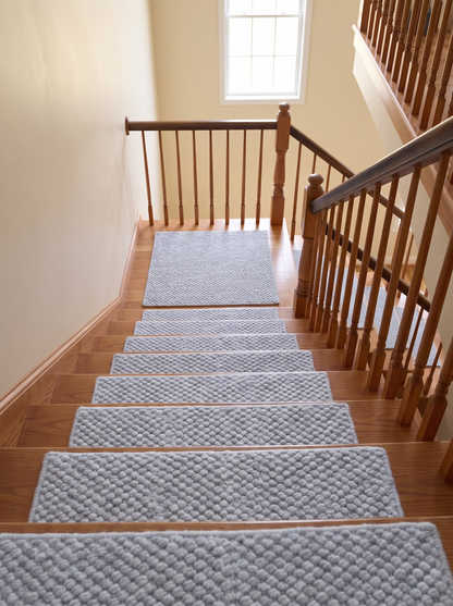 Powder Blue Wool Stair Treads Set, Pebble Non-Slip Carpet Mats, Coastal Farmhouse Rug