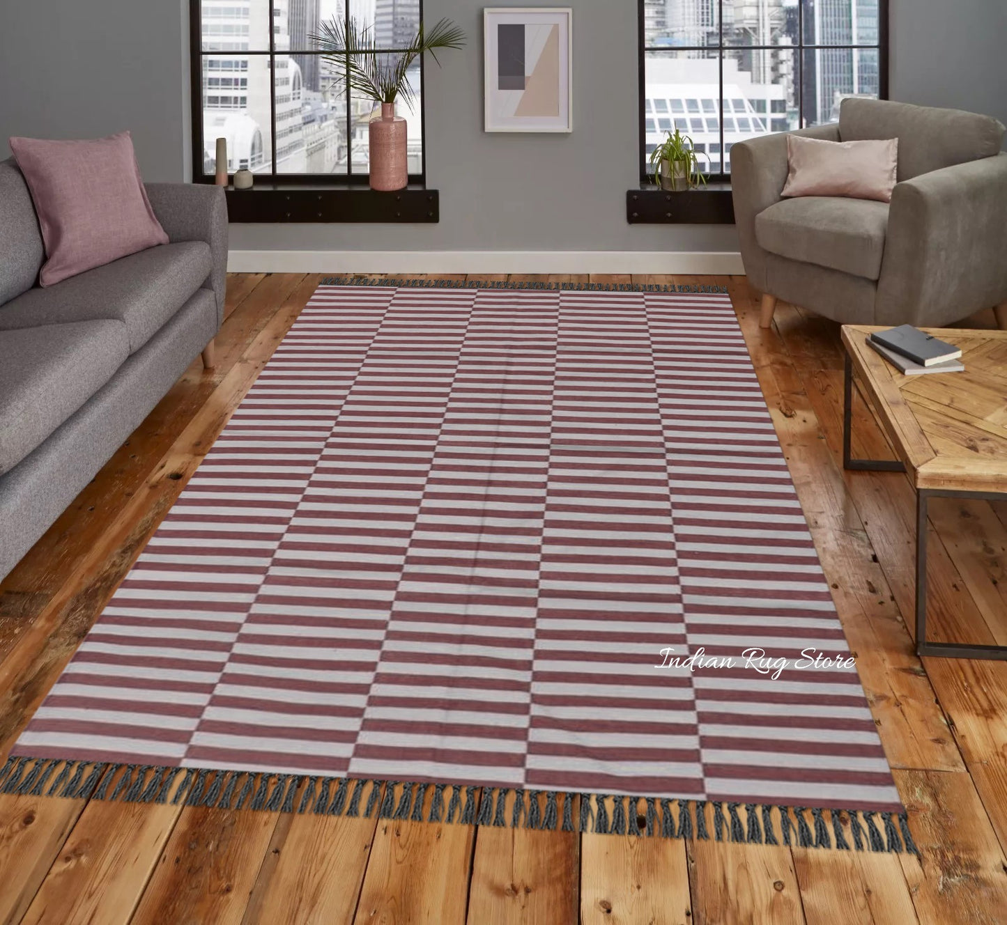 Hand Tufted Magenta Stripped Area Rug