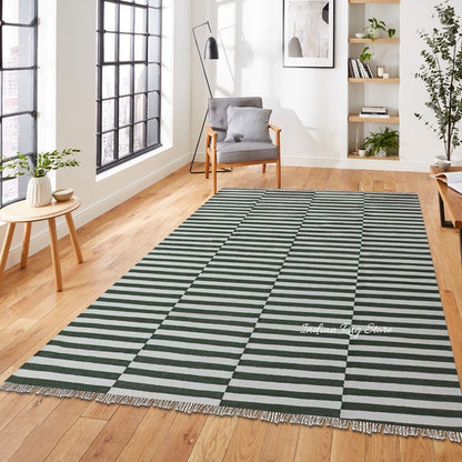 Beautiful Handmade Olive Stripped Area Rug