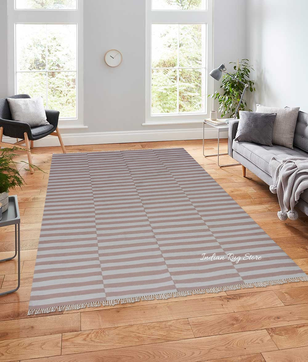 Hand Tufted Peach Stripped Area Rug