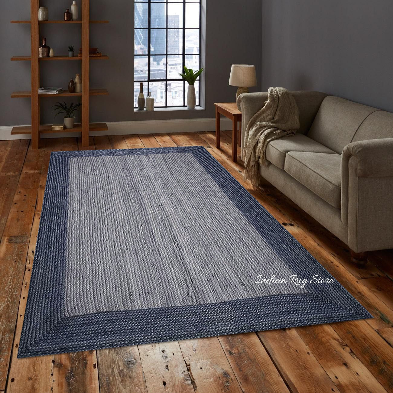 Hand Tufted Dark Blue Bordered Hall Area Wool Rug