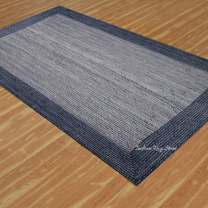 Hand Tufted Dark Blue Bordered Hall Area Wool Rug