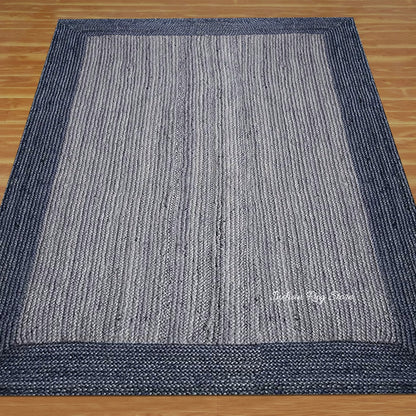 Hand Tufted Dark Blue Bordered Hall Area Wool Rug