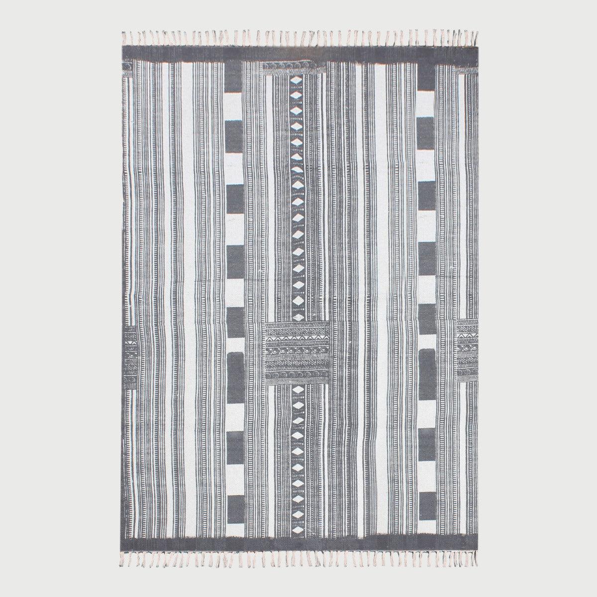 Gray Beige Hand Block Print Work Striped Bedroom Decor Cotton Dhuree - Indian Rug Store