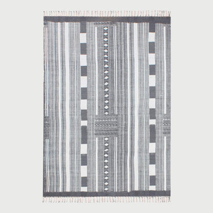 Gray Beige Hand Block Print Work Striped Bedroom Decor Cotton Dhuree - Indian Rug Store