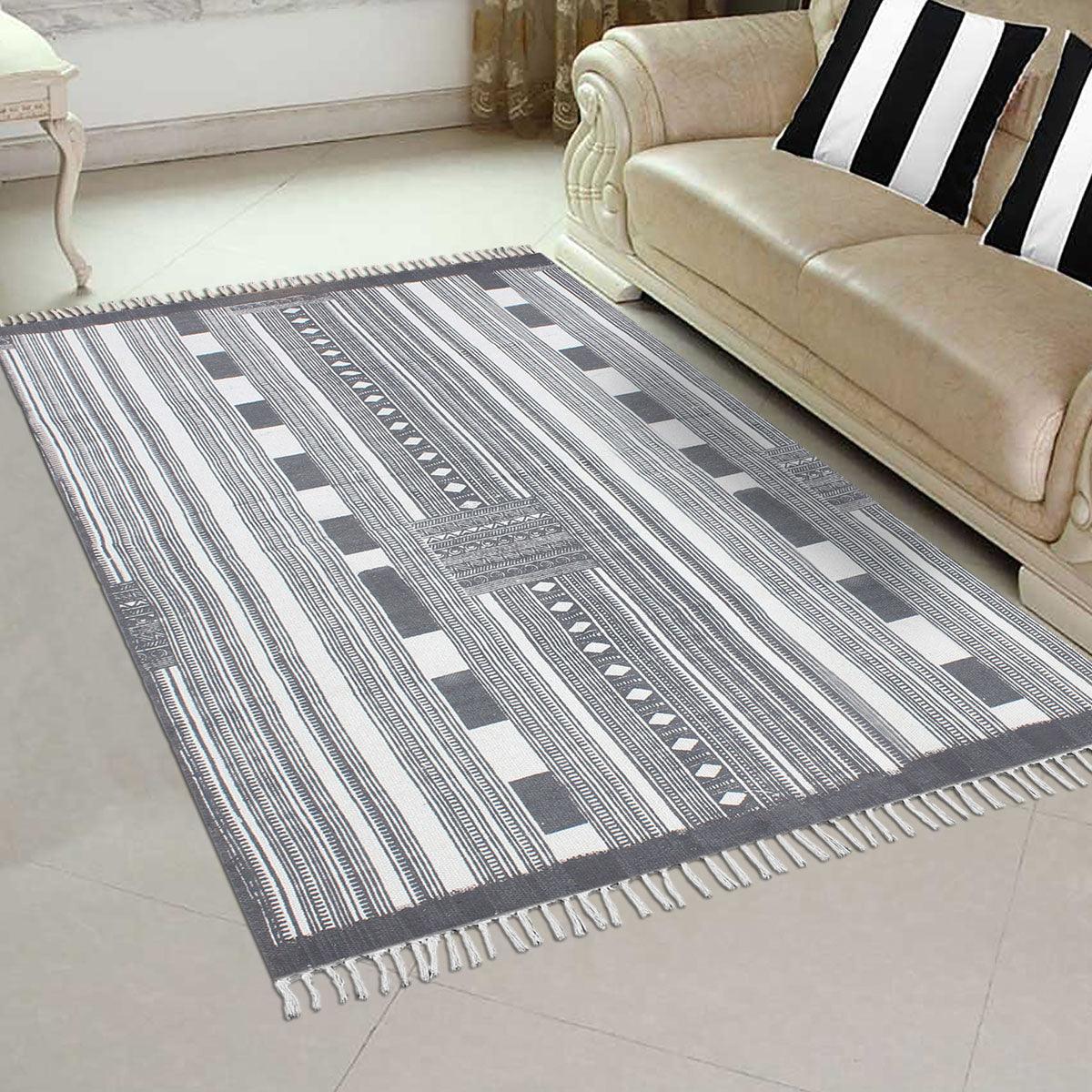 Gray Beige Hand Block Print Work Striped Bedroom Decor Cotton Dhuree - Indian Rug Store