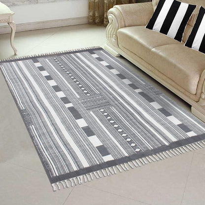 Gray Beige Hand Block Print Work Striped Bedroom Decor Cotton Dhuree - Indian Rug Store