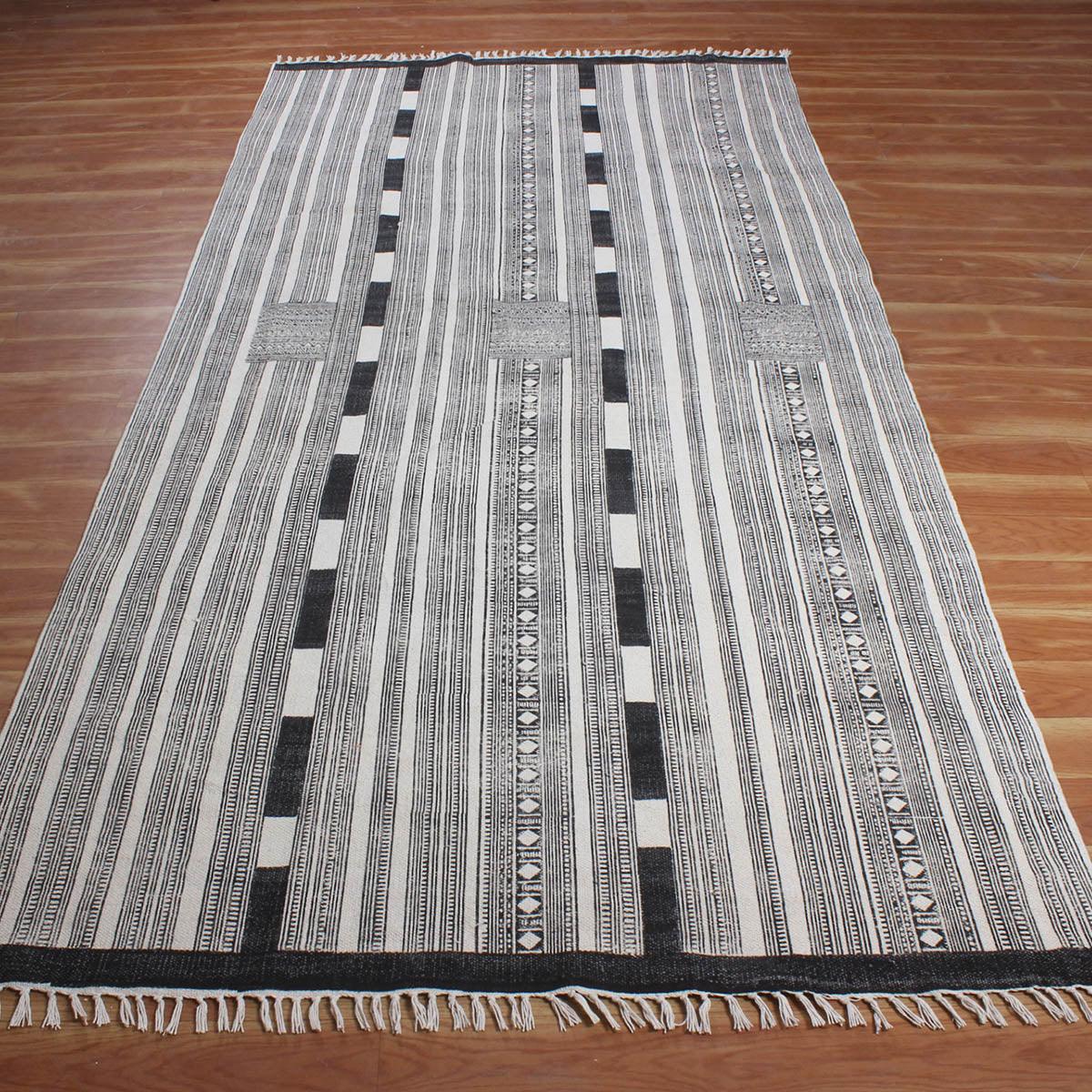 Gray Beige Hand Block Print Work Striped Bedroom Decor Cotton Dhuree - Indian Rug Store