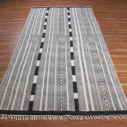 Gray Beige Hand Block Print Work Striped Bedroom Decor Cotton Dhuree - Indian Rug Store