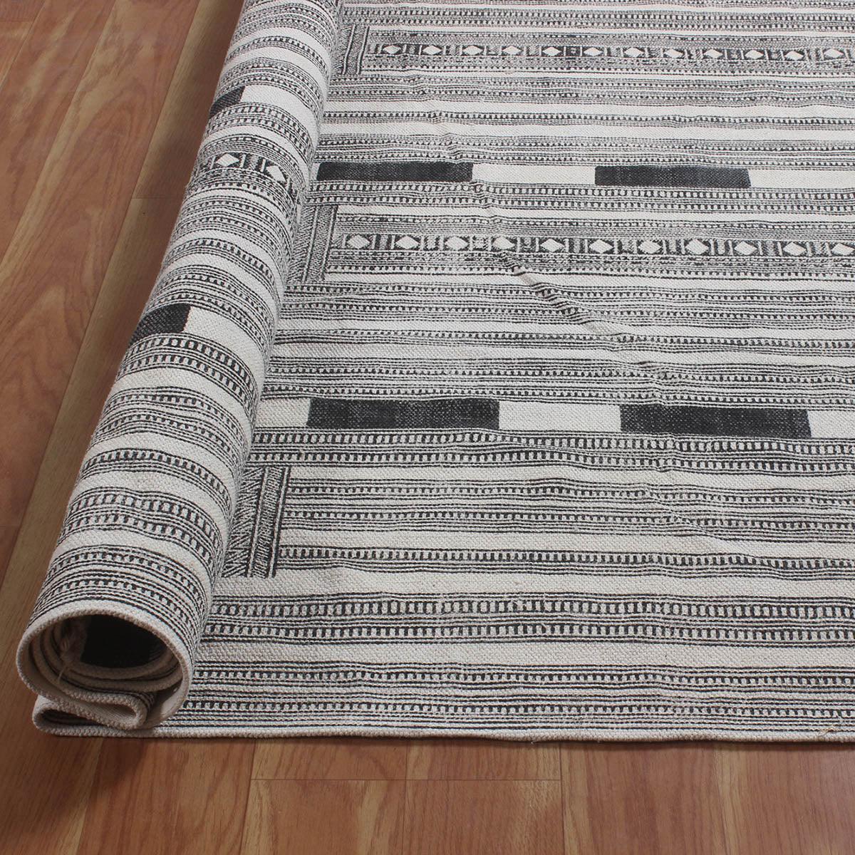 Gray Beige Hand Block Print Work Striped Bedroom Decor Cotton Dhuree - Indian Rug Store