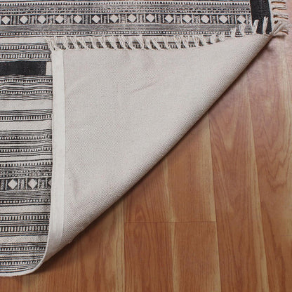 Gray Beige Hand Block Print Work Striped Bedroom Decor Cotton Dhuree - Indian Rug Store