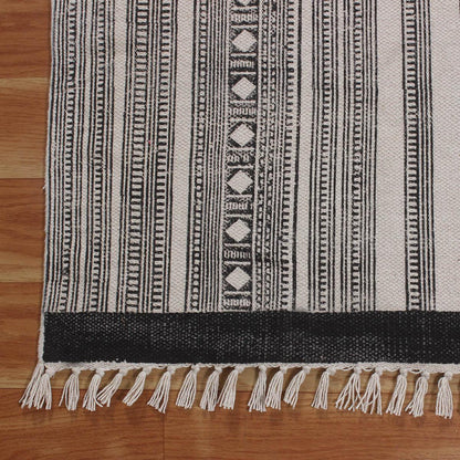 Gray Beige Hand Block Print Work Striped Bedroom Decor Cotton Dhuree - Indian Rug Store