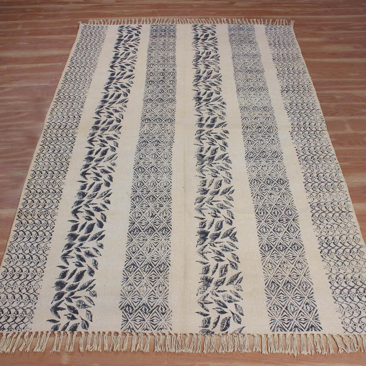 Black Beige Hand Block Print Work Floral Bedroom Decor Cotton Dhuree - Indian Rug Store