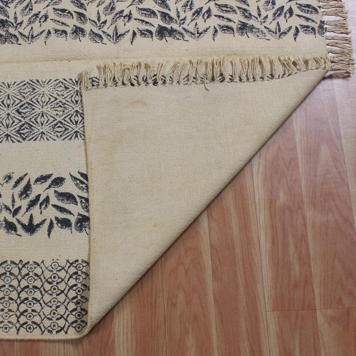 Black Beige Hand Block Print Work Floral Bedroom Decor Cotton Dhuree - Indian Rug Store