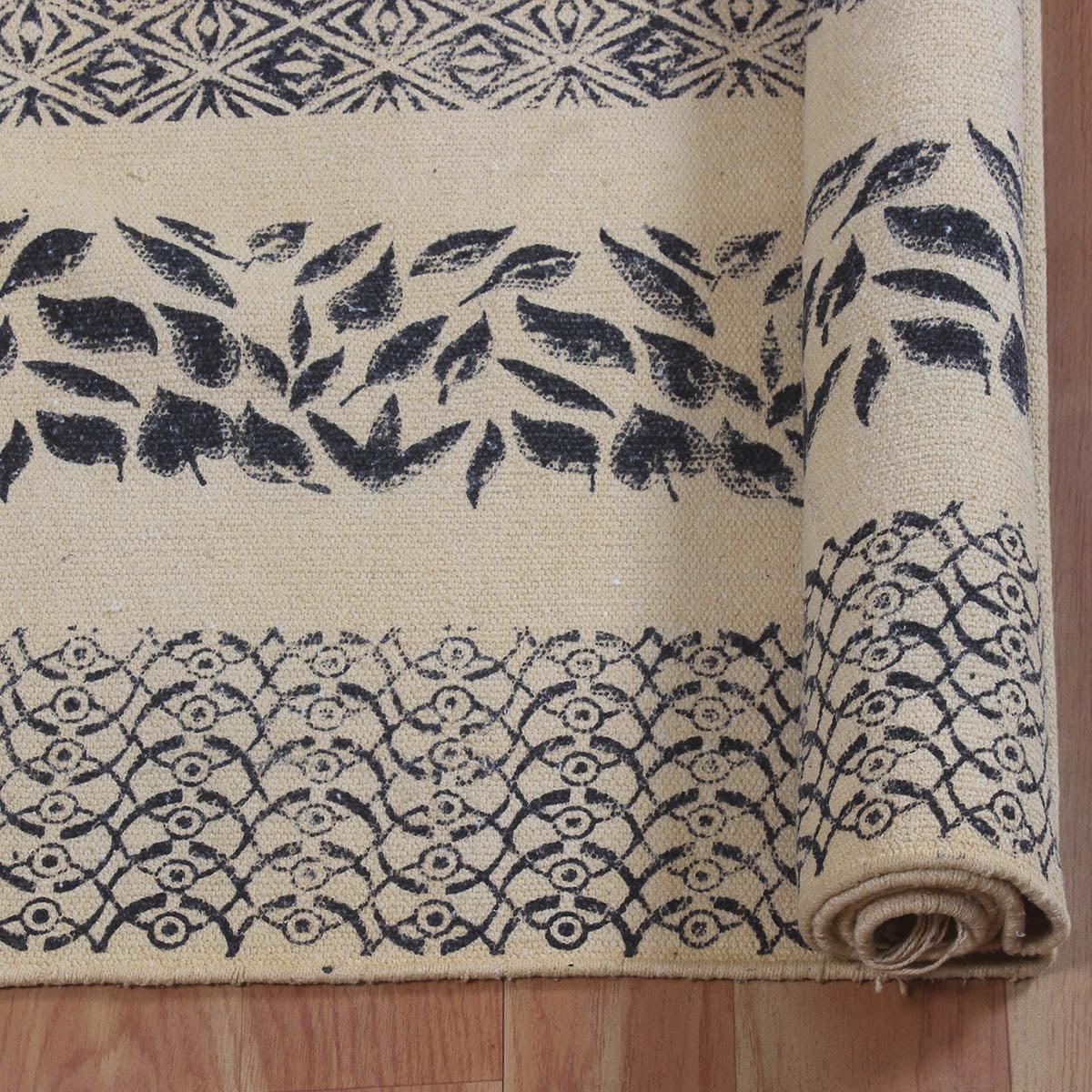 Black Beige Hand Block Print Work Floral Bedroom Decor Cotton Dhuree - Indian Rug Store