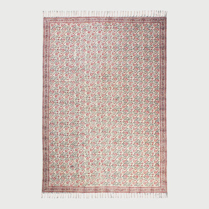 Red Beige Hand Block Print Work Floral Bedroom Decor Cotton Dhuree - Indian Rug Store