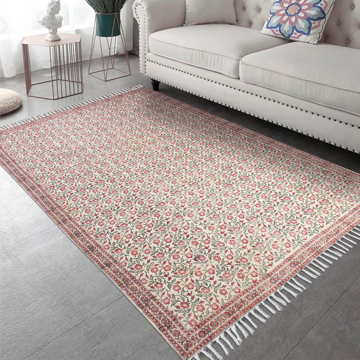 Red Beige Hand Block Print Work Floral Bedroom Decor Cotton Dhuree - Indian Rug Store