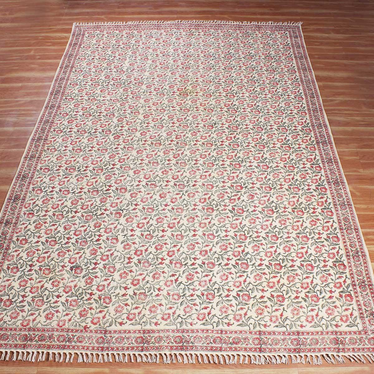 Red Beige Hand Block Print Work Floral Bedroom Decor Cotton Dhuree - Indian Rug Store