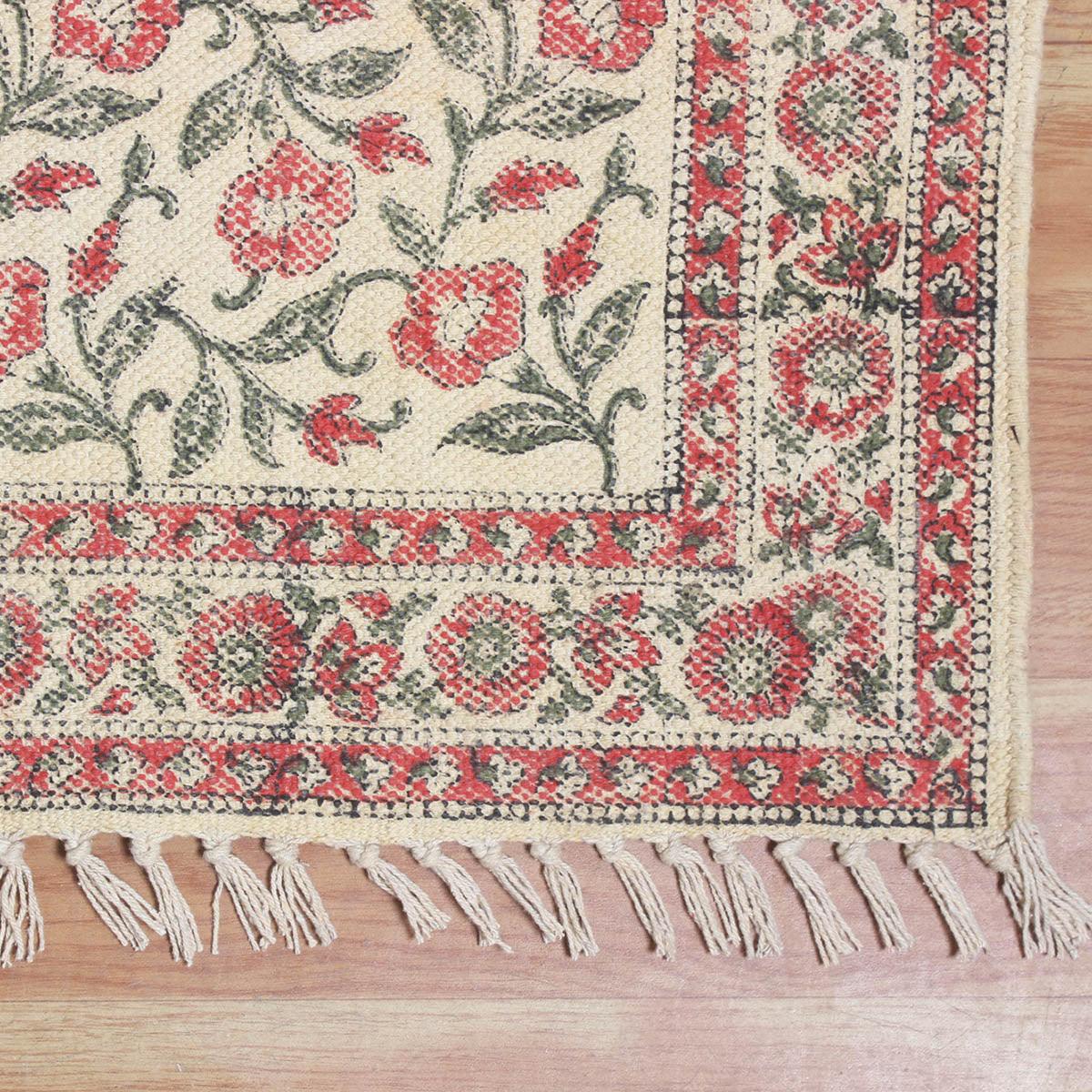 Red Beige Hand Block Print Work Floral Bedroom Decor Cotton Dhuree - Indian Rug Store