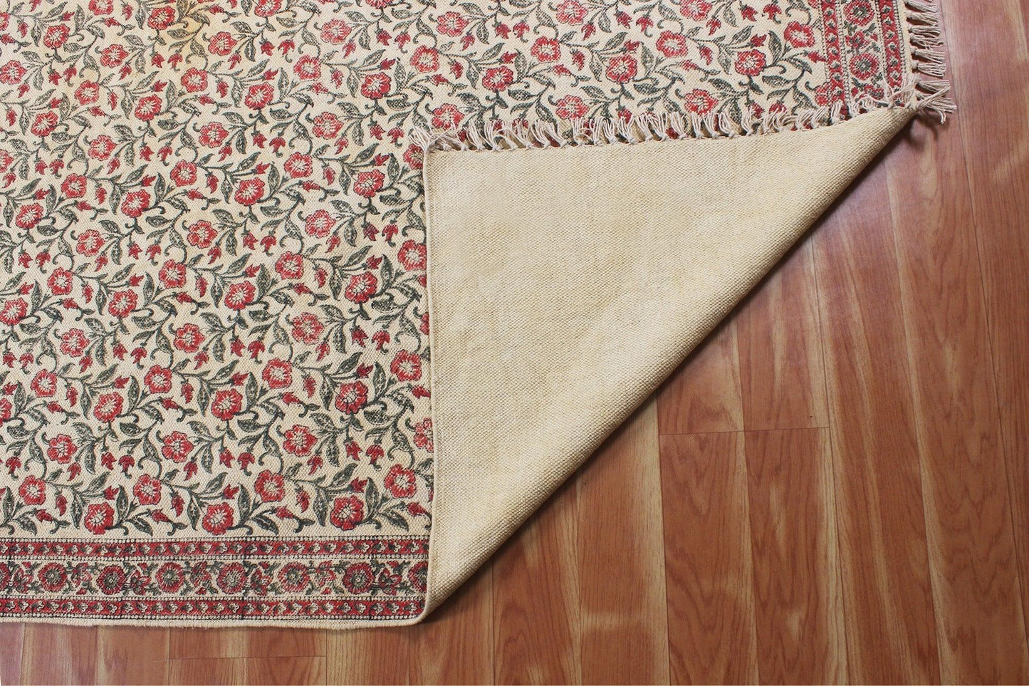 Red Beige Hand Block Print Work Floral Bedroom Decor Cotton Dhuree - Indian Rug Store